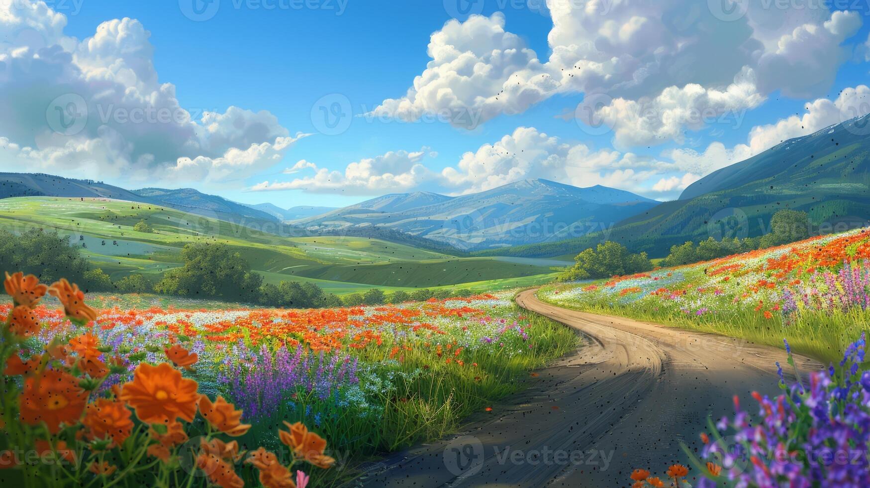 Open space above a winding road bordered by fields of vibrant wildflowers photo