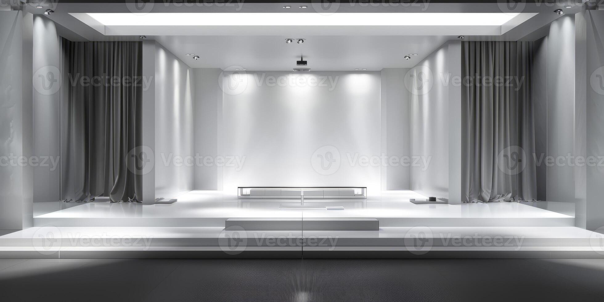 Modern Minimalist Stage Design with Sleek White and Gray Elements photo