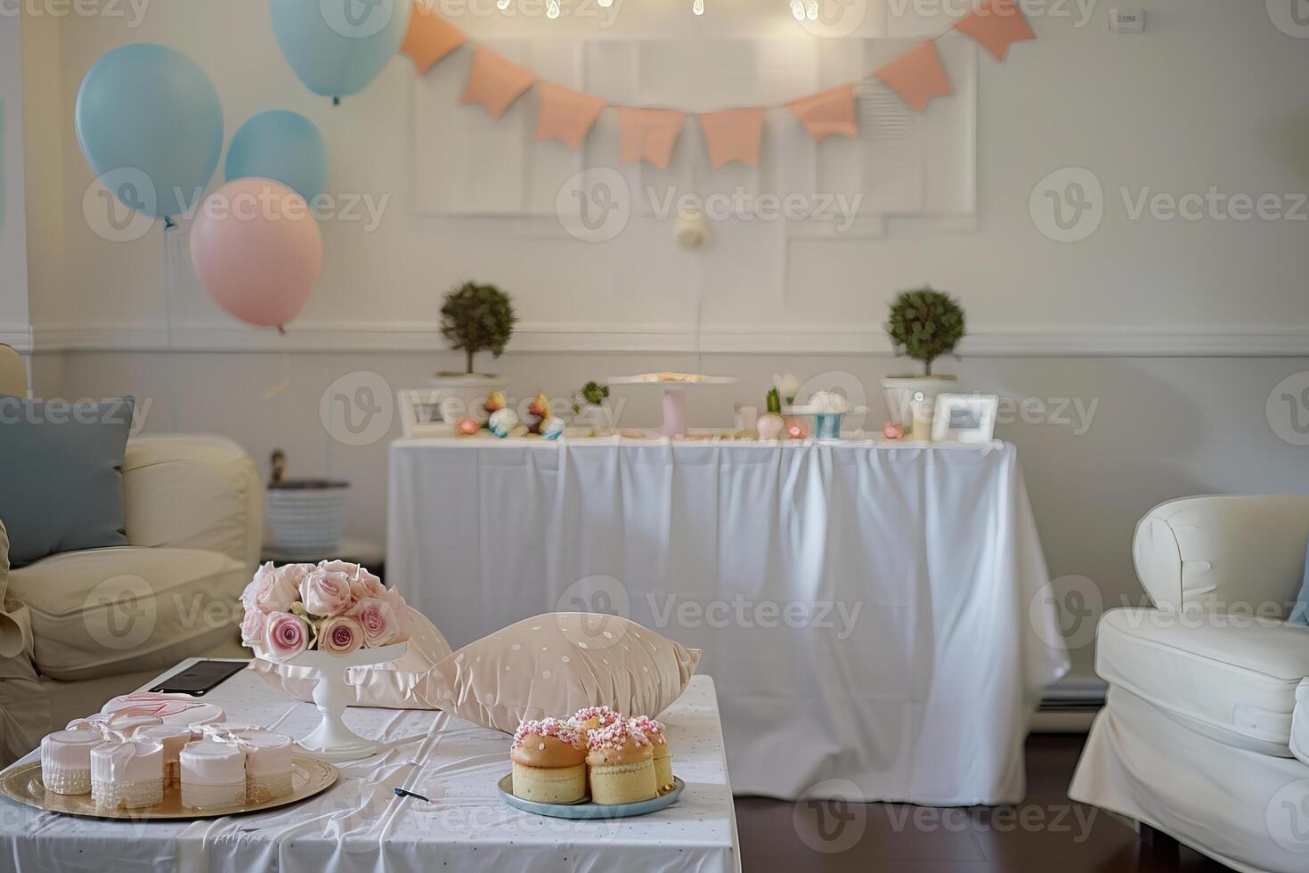 A party room with a white table and a white tablecloth photo