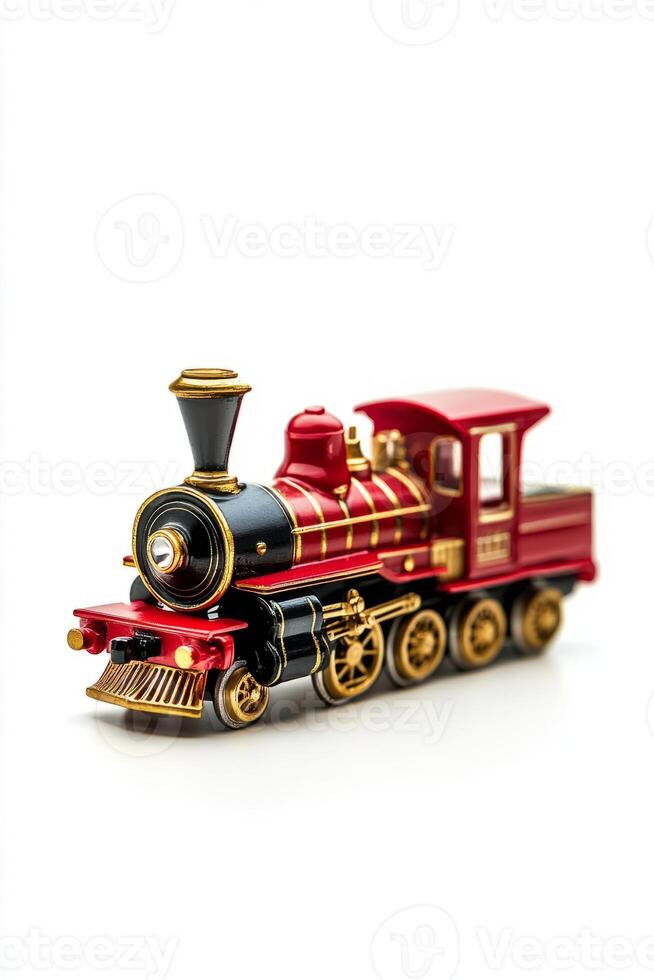 A toy train with a red engine and black wheels photo