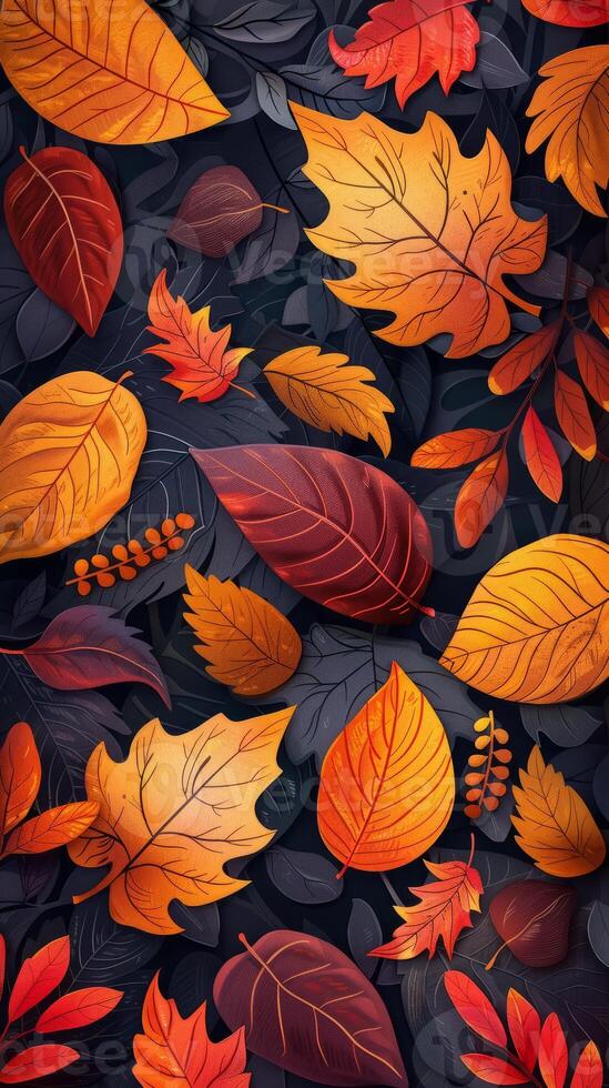 Vibrant Autumn Leaves Pattern with Rich Colors and Intricate Details on a Dark Background photo