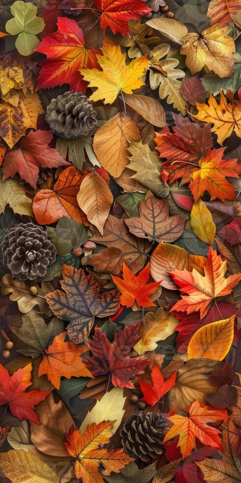 A colorful autumn scene with many leaves and pine cones photo