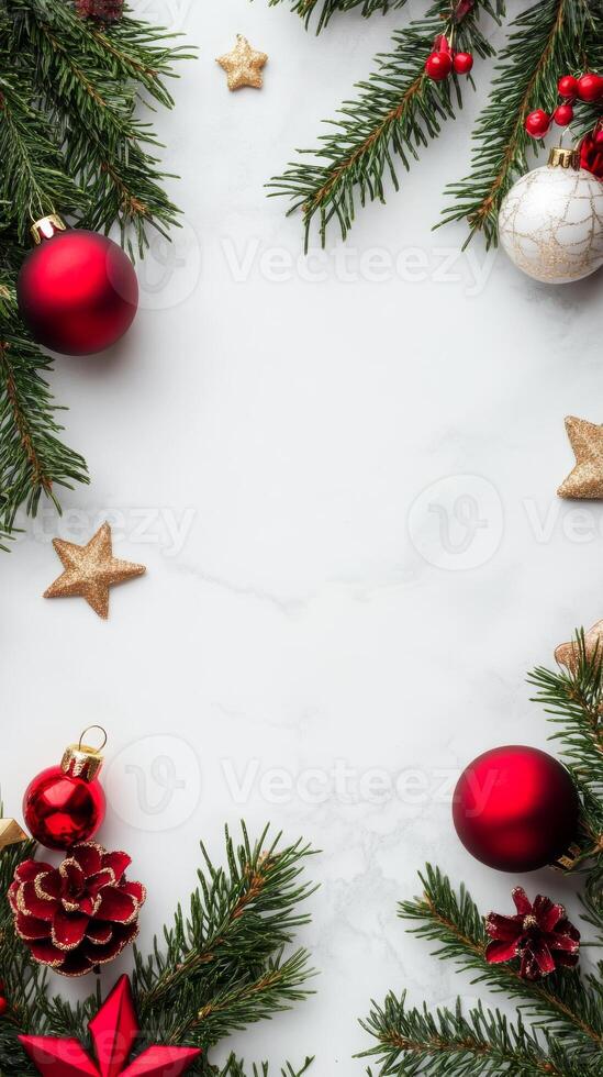 Festive Christmas Background with Red Ornaments photo