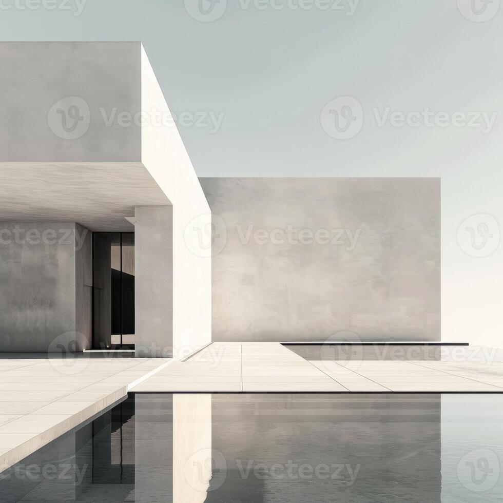 Minimalist Modern Architecture with Clean Lines and Reflective Water Surface photo
