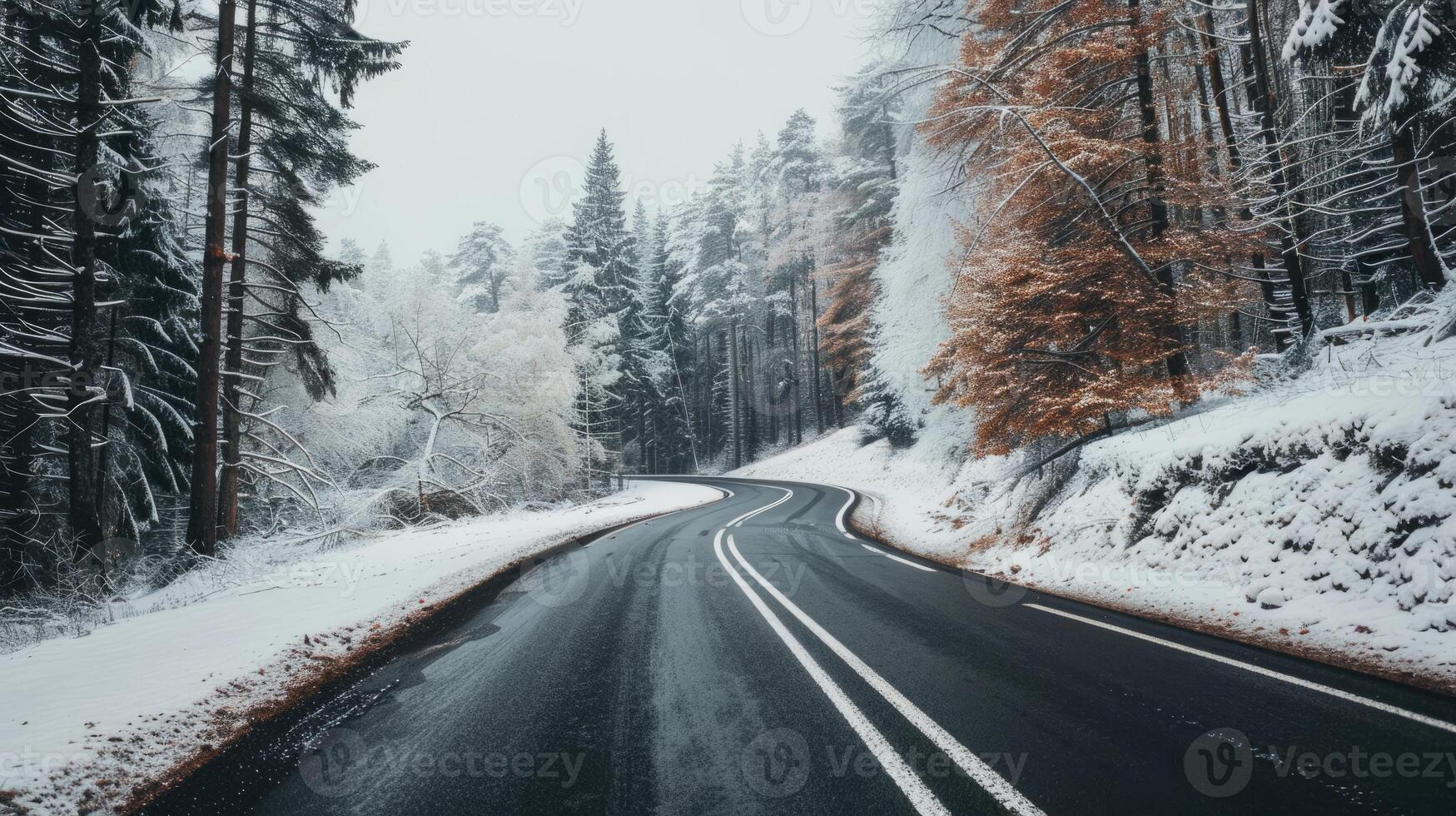 Copy space with a winding road through snowy forests photo