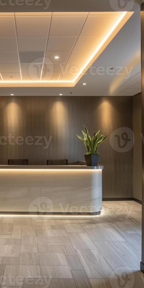 Modern Office Reception Area with Elegant Lighting and Contemporary Design photo