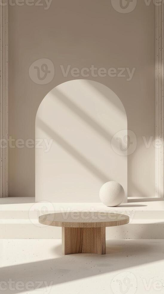 Minimalist Interior Design with Modern Wooden Table and White Sphere photo
