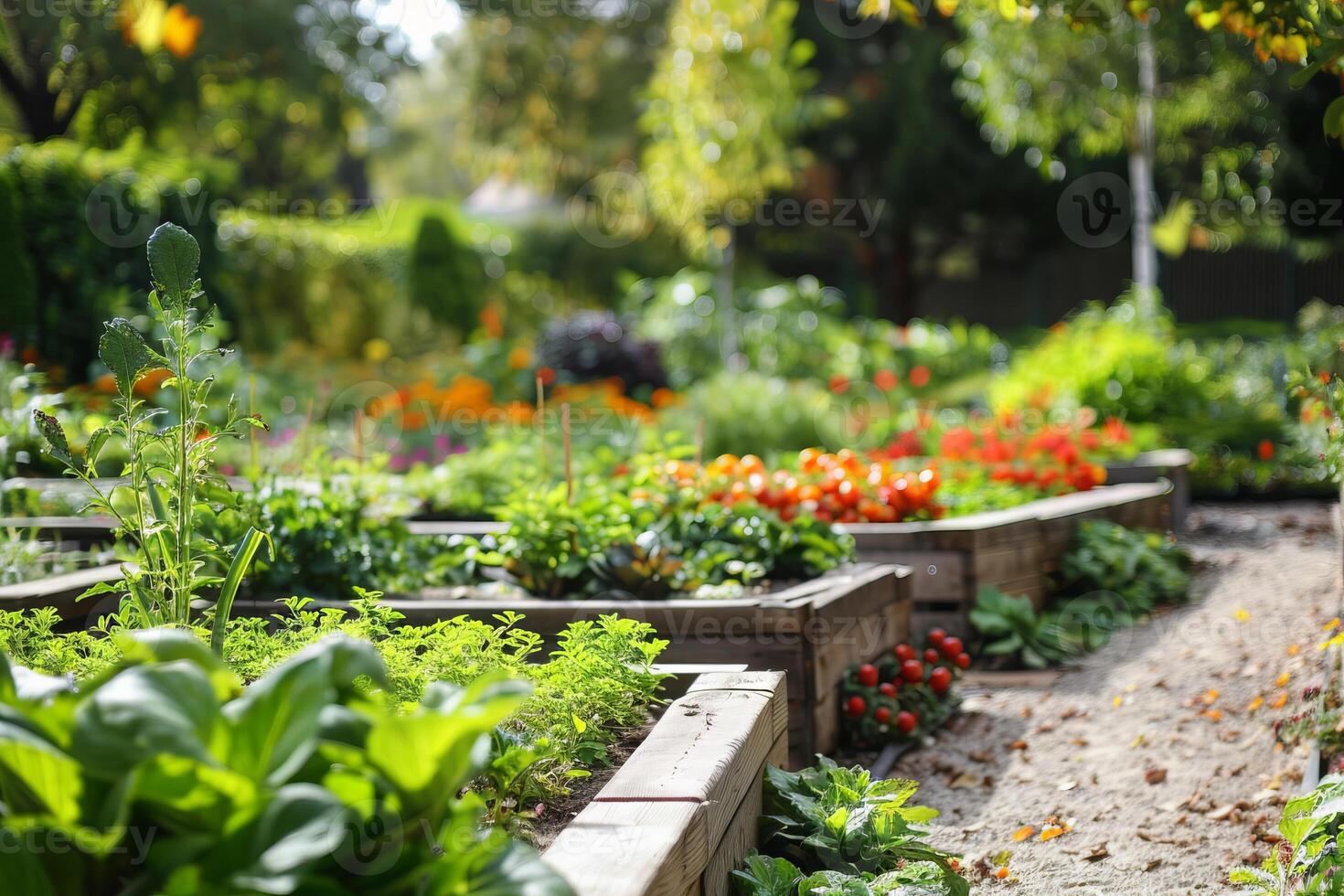 Lush Community Garden with Raised Beds Filled with Vegetables and Flowers photo