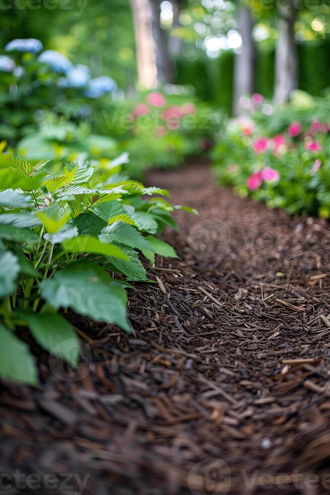 Beautiful Garden Pathway with Mulch and Lush Greenery photo