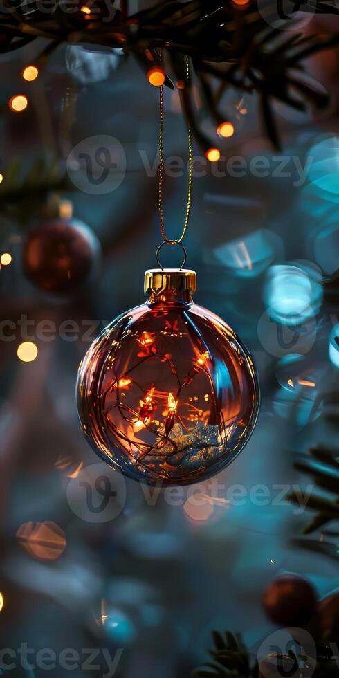 A Christmas ornament hanging from a tree photo