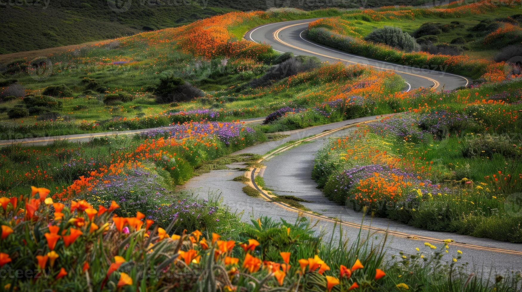 Open space above a winding road bordered by fields of vibrant wildflowers photo
