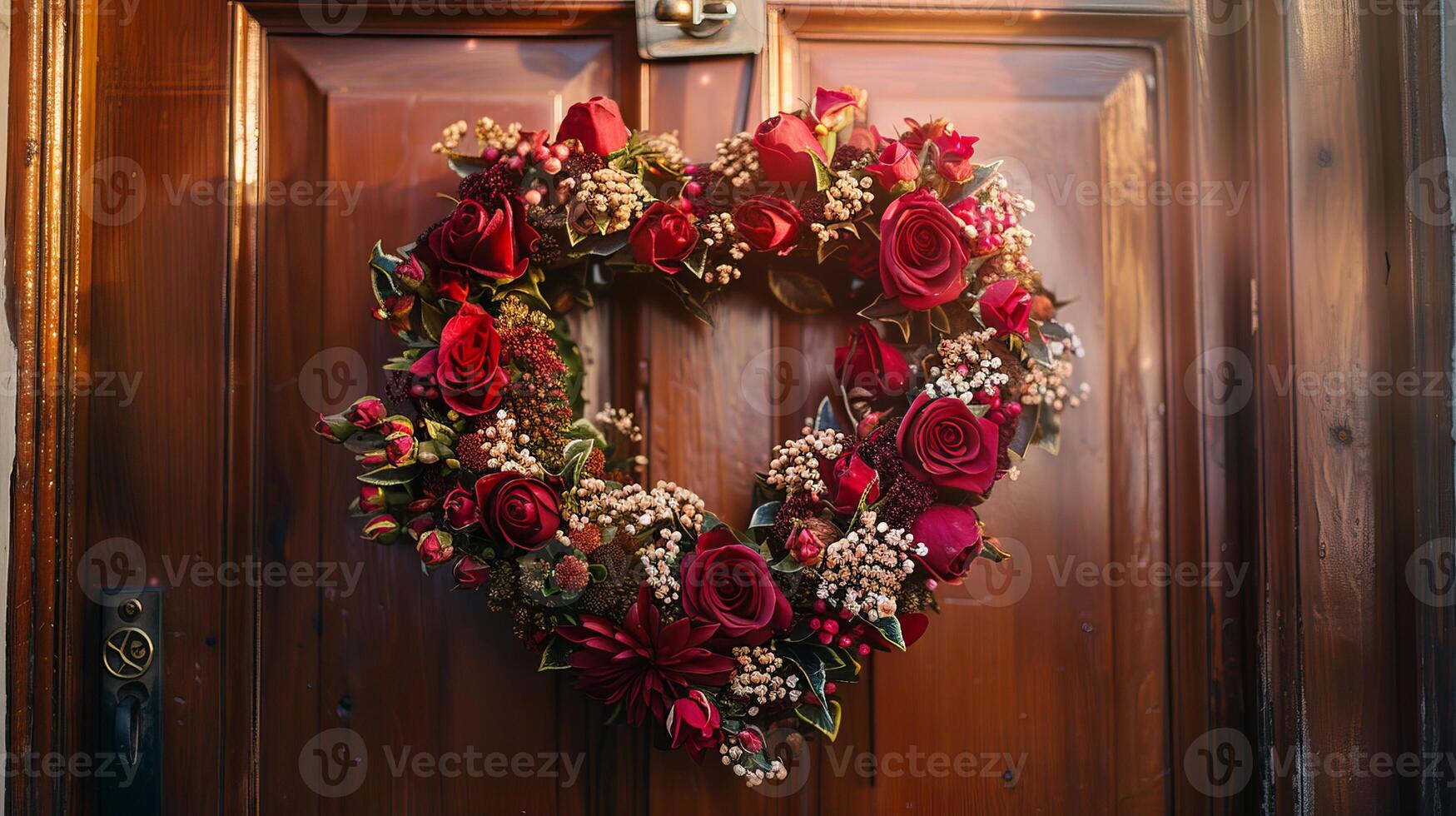 Heart-shaped wreath hanging on a door photo