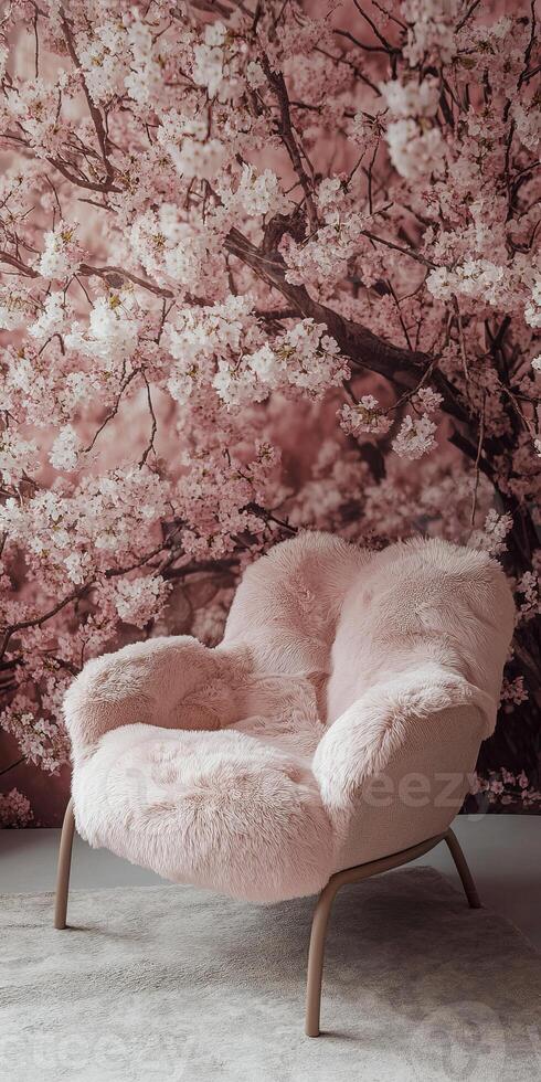 A pink chair with a floral pattern on it sits in front of a wall with a pink flo photo
