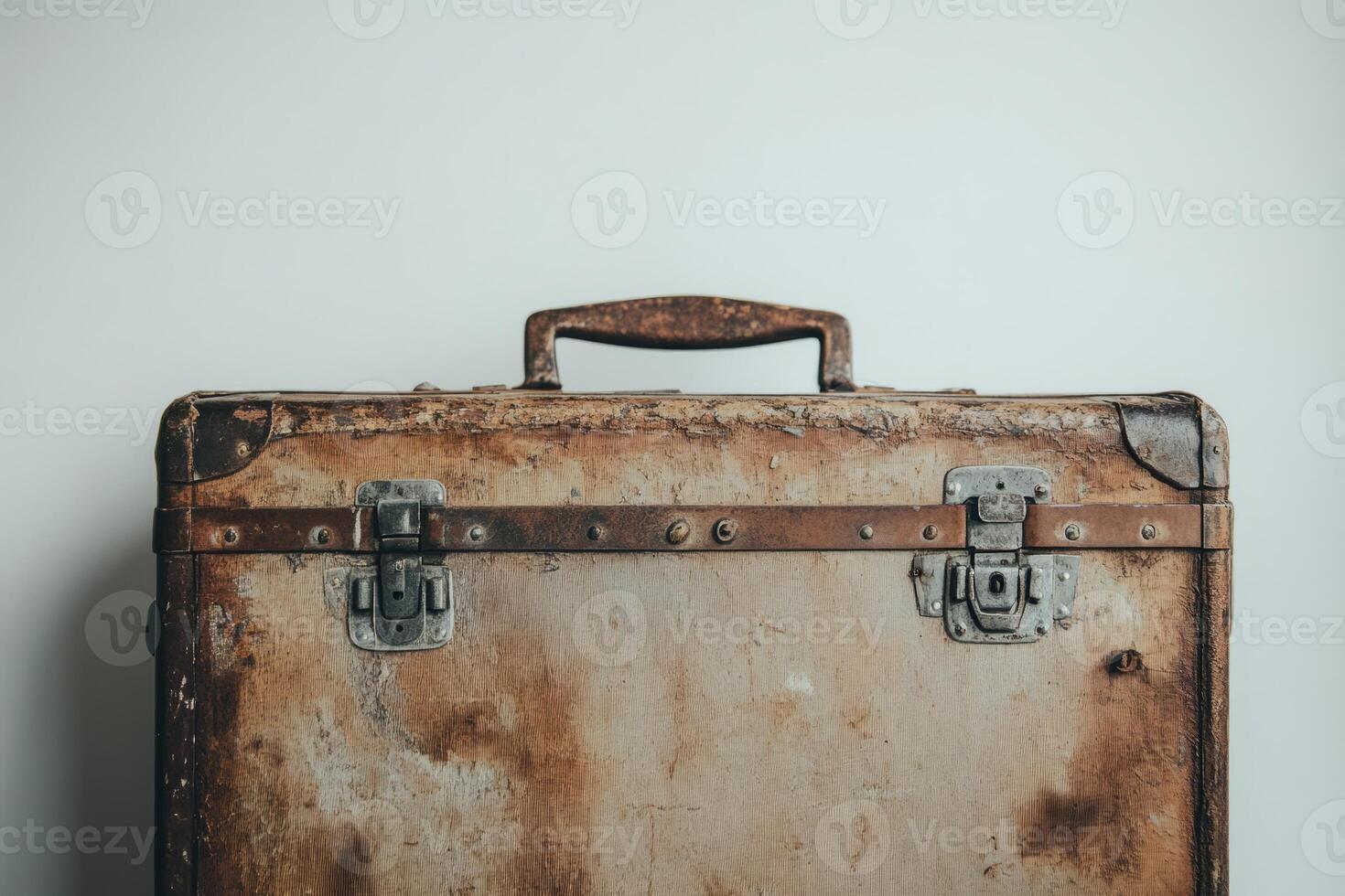 A suitcase with a brown handle and a brown lid photo