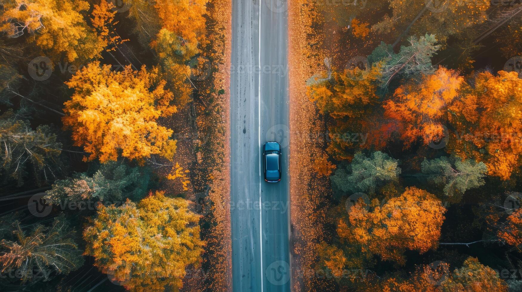 A car is driving down a road with trees on either side photo