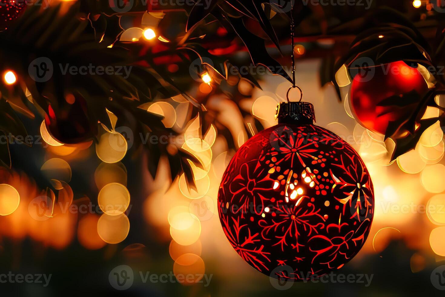 A red ornament hanging from a tree photo