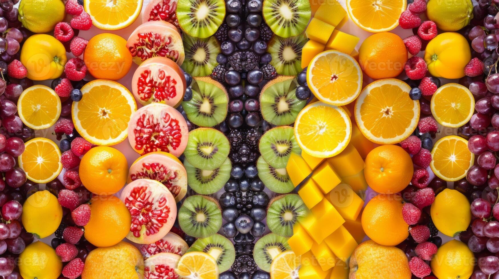 Colorful summer fruit display arranged in a symmetrical pattern photo