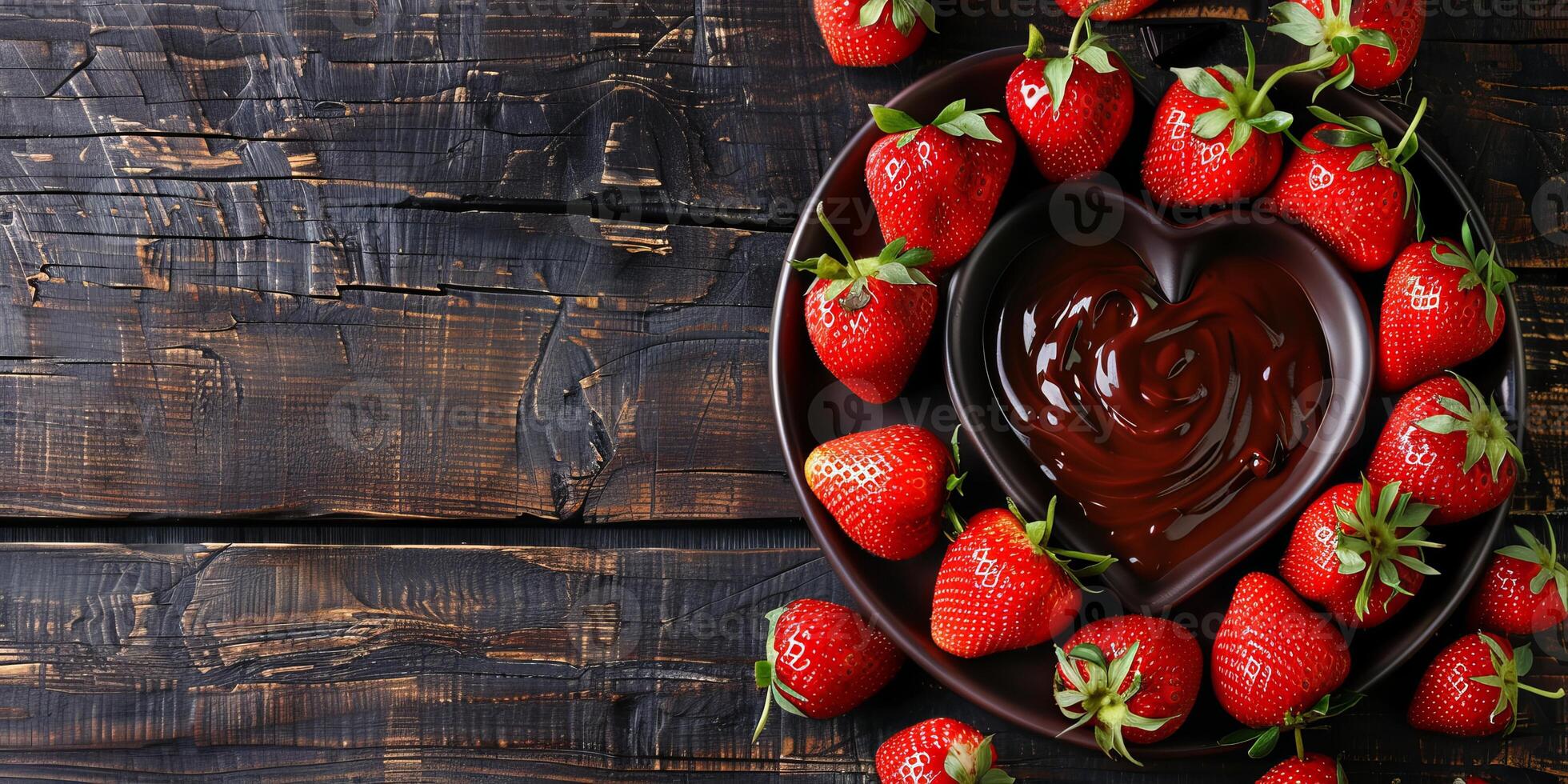 Heart-shaped arrangement of strawberries and chocolate fondue photo