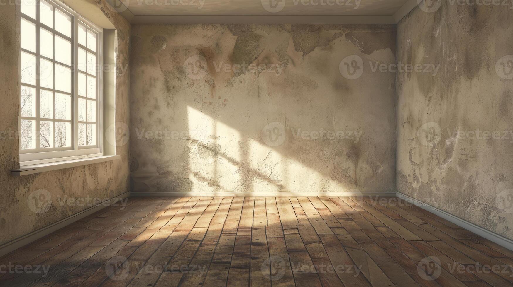 Sunlit Empty Room with Rustic Wooden Floor and Weathered Walls photo