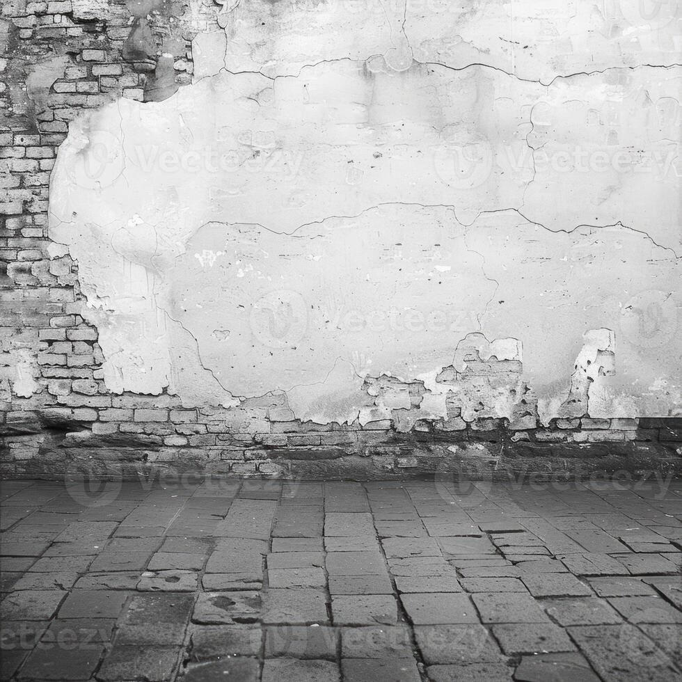 Weathered Brick Wall with Cracked Plaster and Cobblestone Ground in Black and White Urban Setting photo