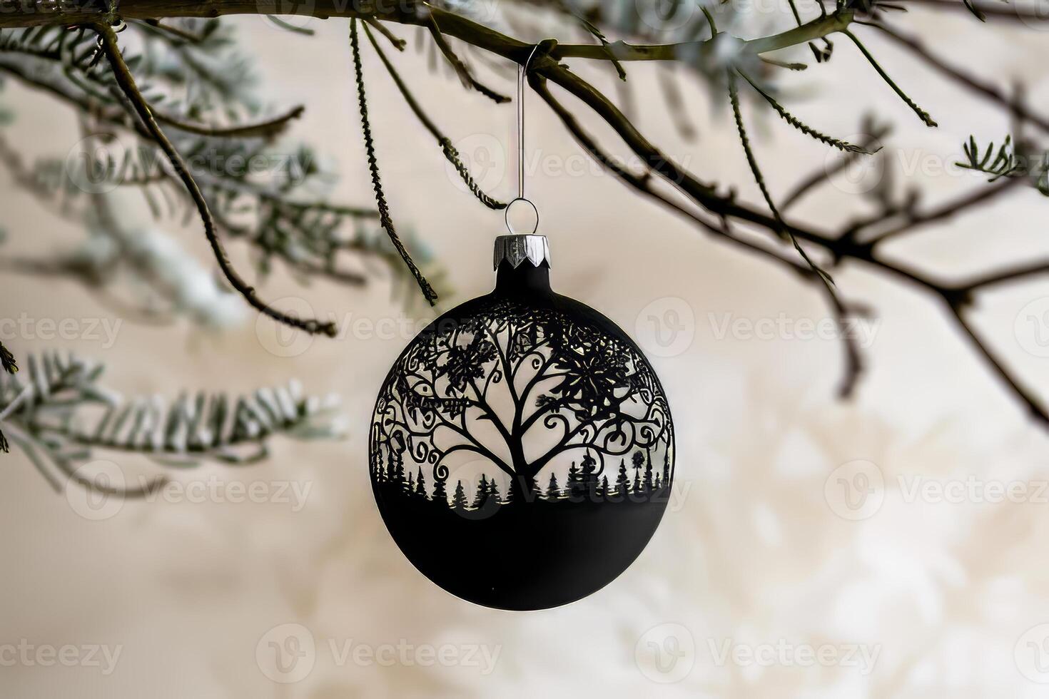 A black ornament hanging from a tree branch photo