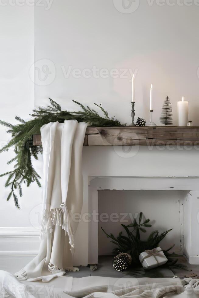 A mantle with a white blanket draped over it and a tree on it photo