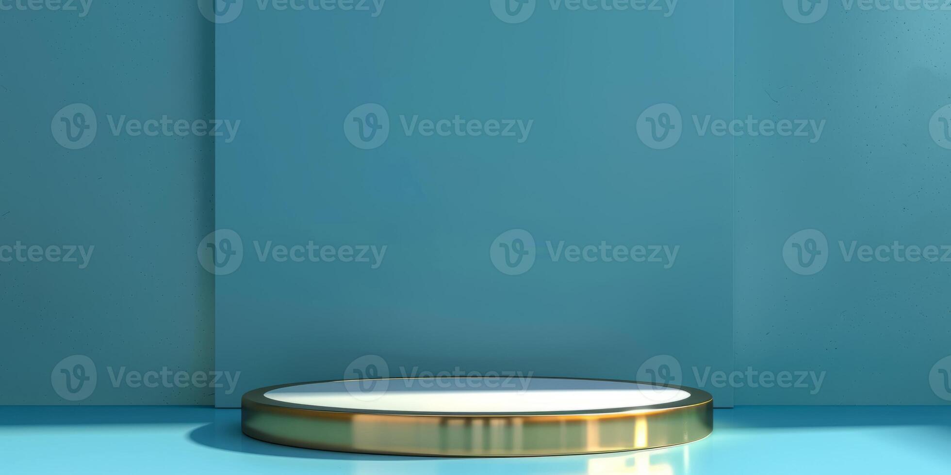 A sleek, minimalist blue background featuring a circular podium photo