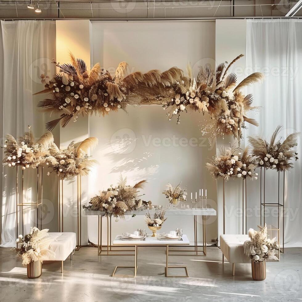 A room with a white wall and a gold table with a vase on it photo