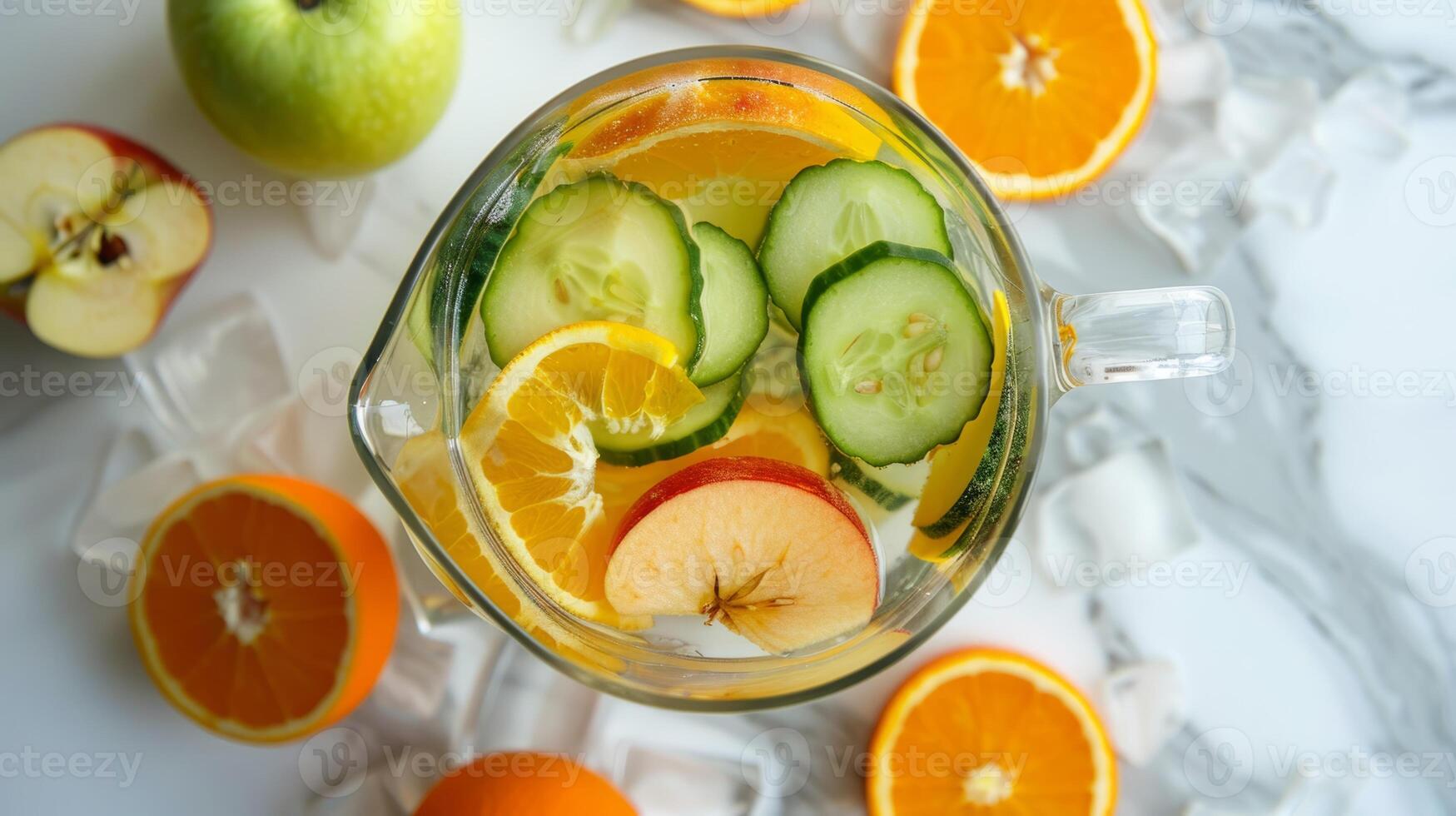 Top-down view of a glass pitcher filled with autumn fruit-infused water photo