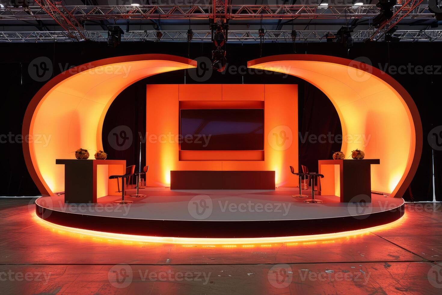 Modern TV Studio Set with Orange Lighting and Contemporary Design photo