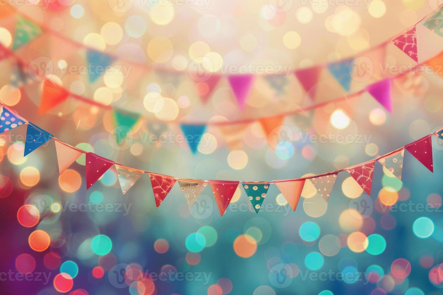 Colorful bunting flags with a vibrant bokeh background photo