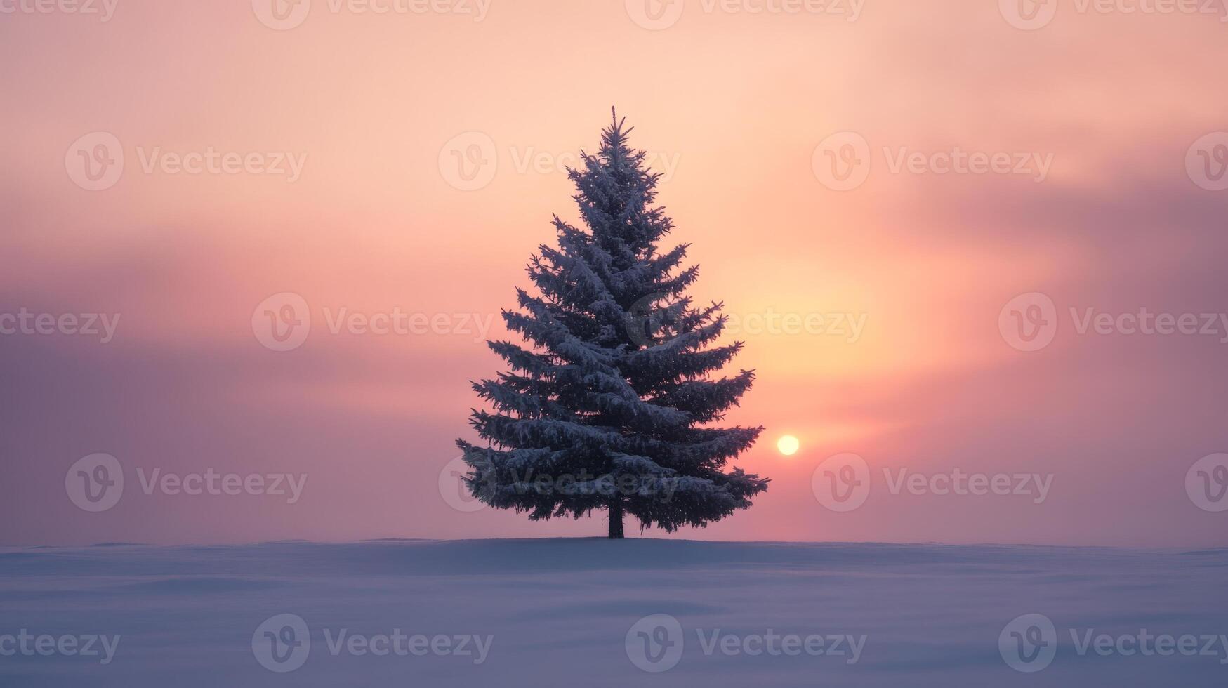 Majestic Snow-Covered Pine Tree Silhouetted Against a Vibrant Winter Sunset in a Serene Landscape photo