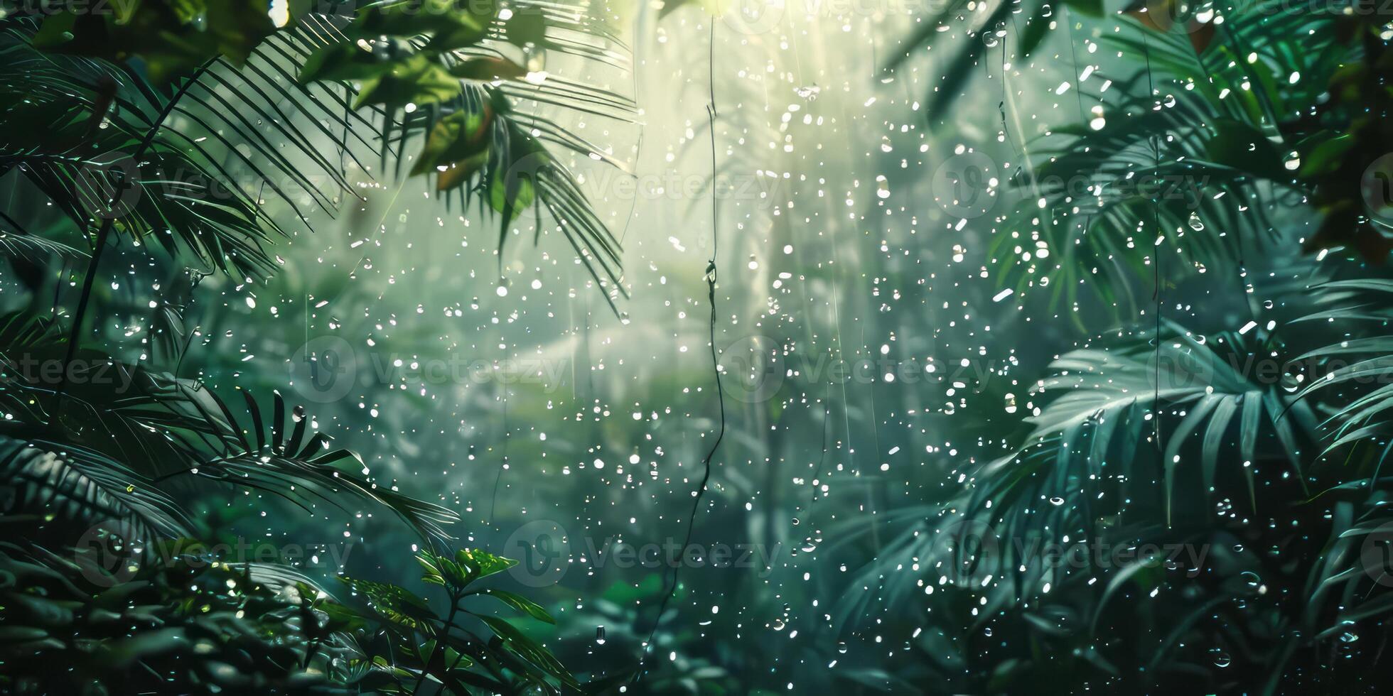 Double exposure image of rainforest and rain drops. photo