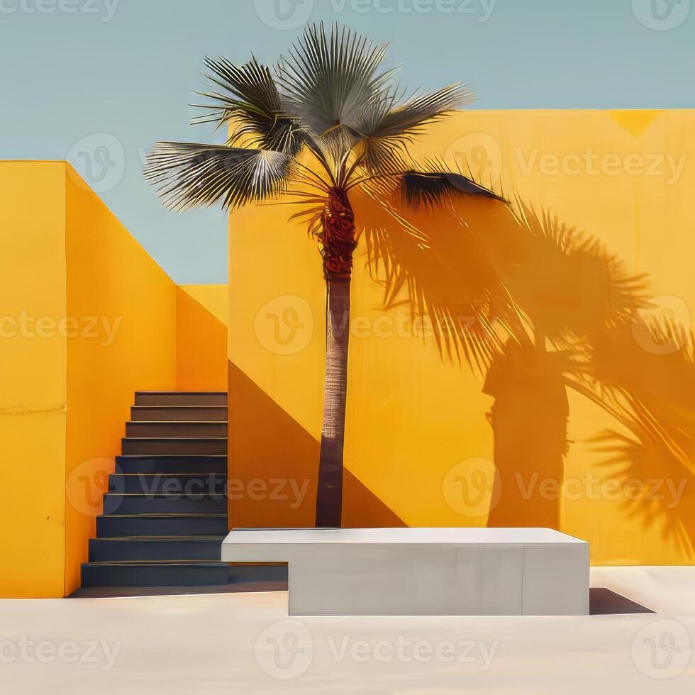A tall palm tree is in front of a yellow wall photo