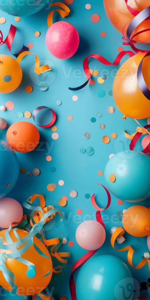 Colorful Party Balloons and Streamers on Blue Background photo