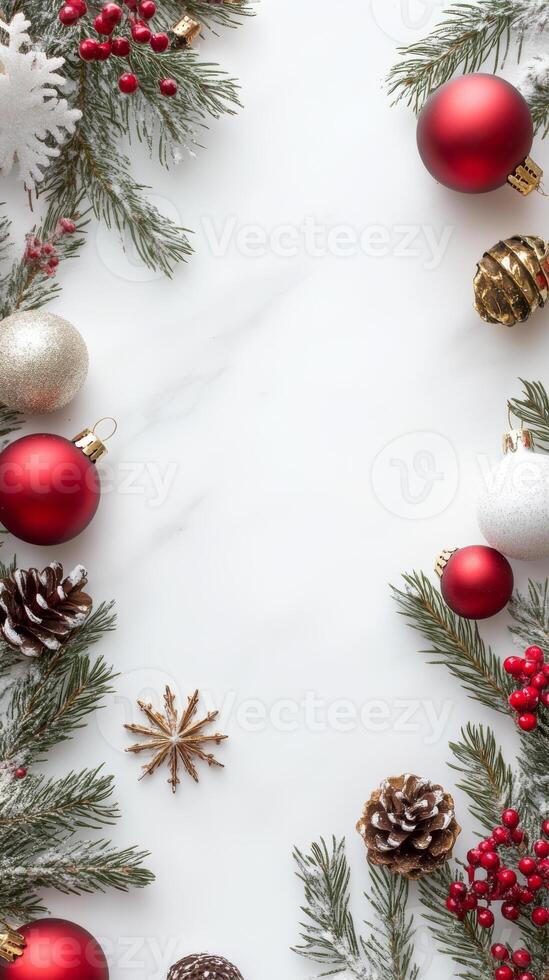 Festive Christmas Background with Red and Gold Ornaments, Pine Cones photo