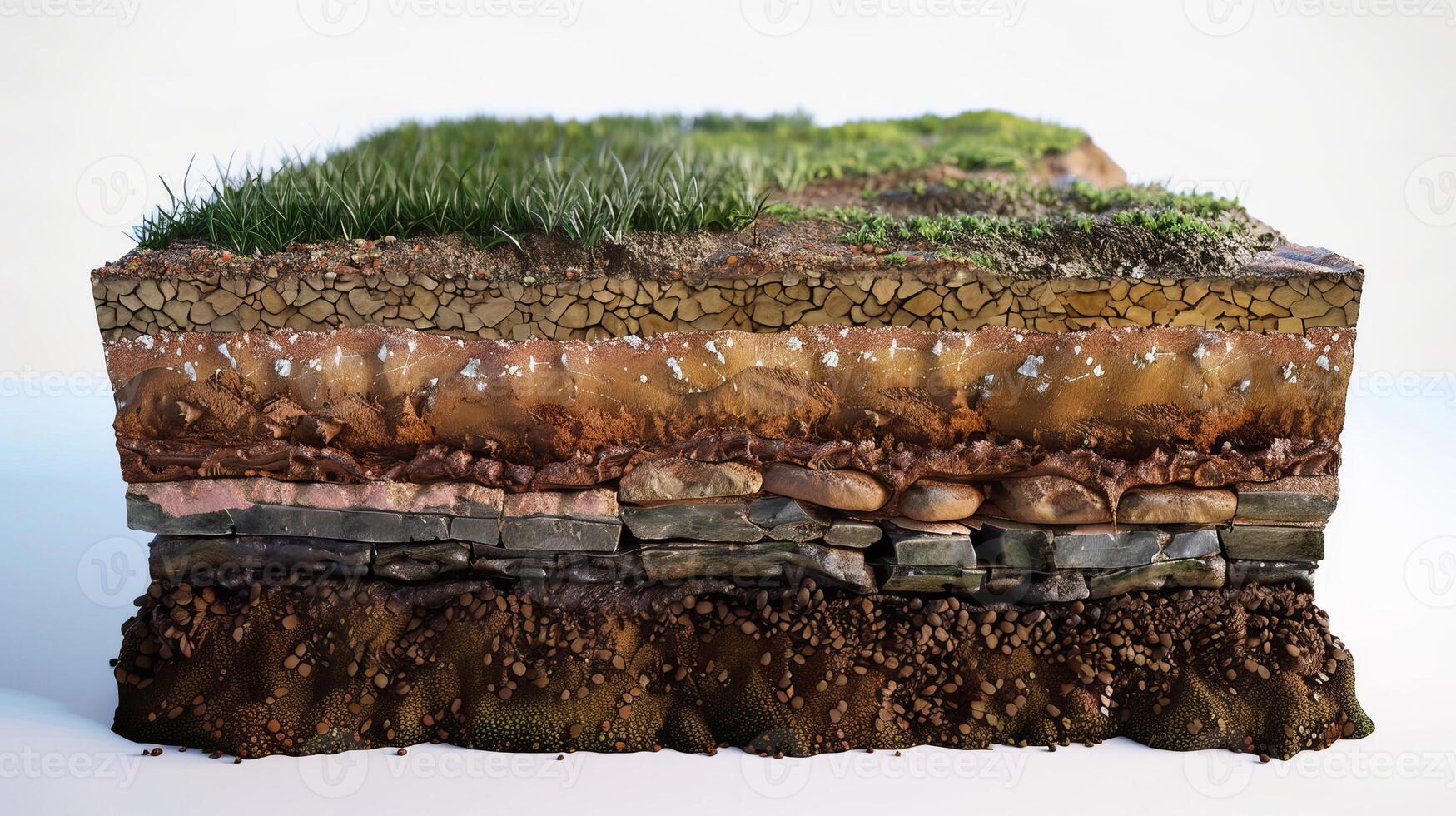 Cross-Section of Soil Layers with Grass and Rocks Illustrating Geological photo