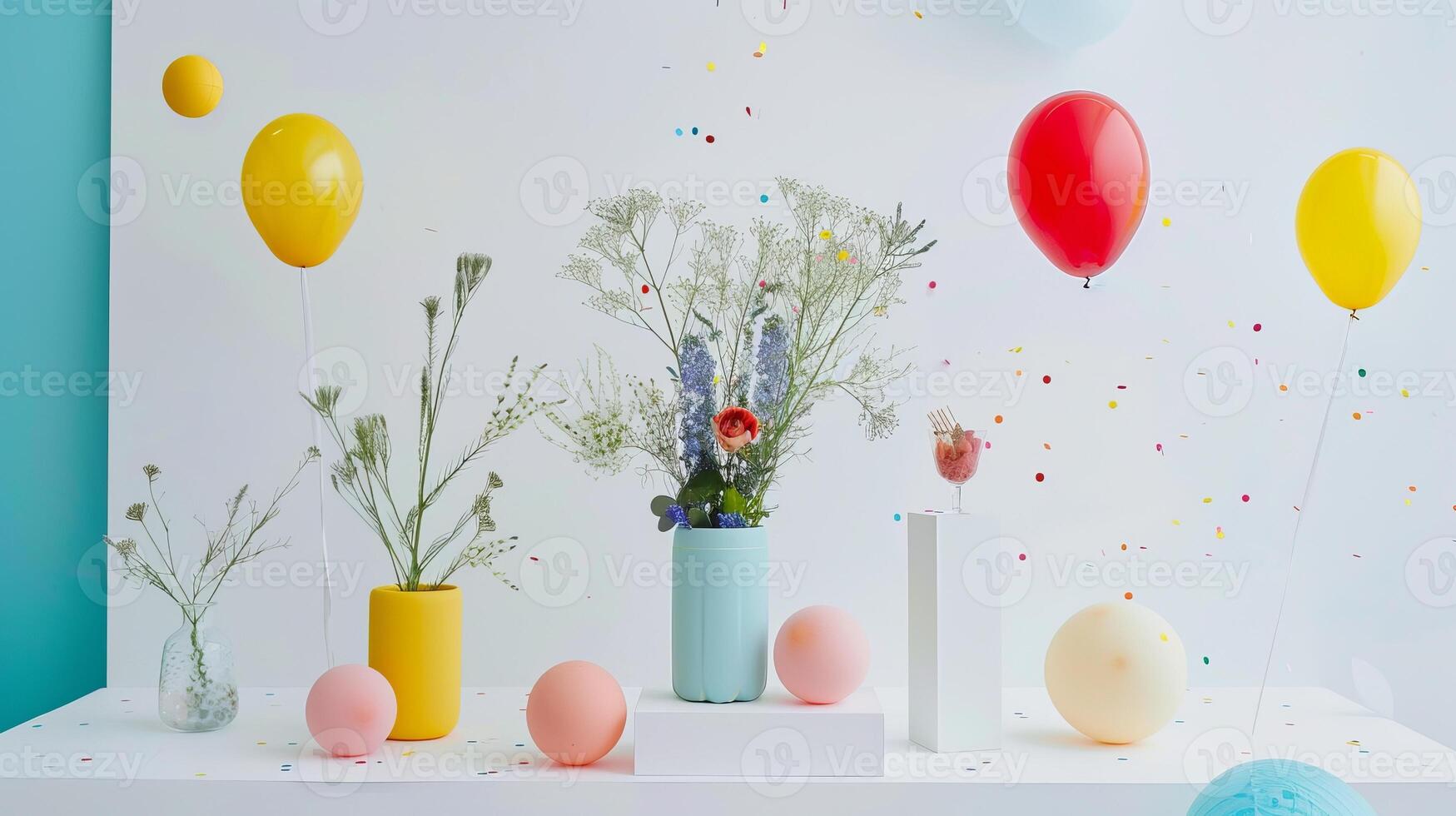 A table with a vase of flowers and a few balloons photo
