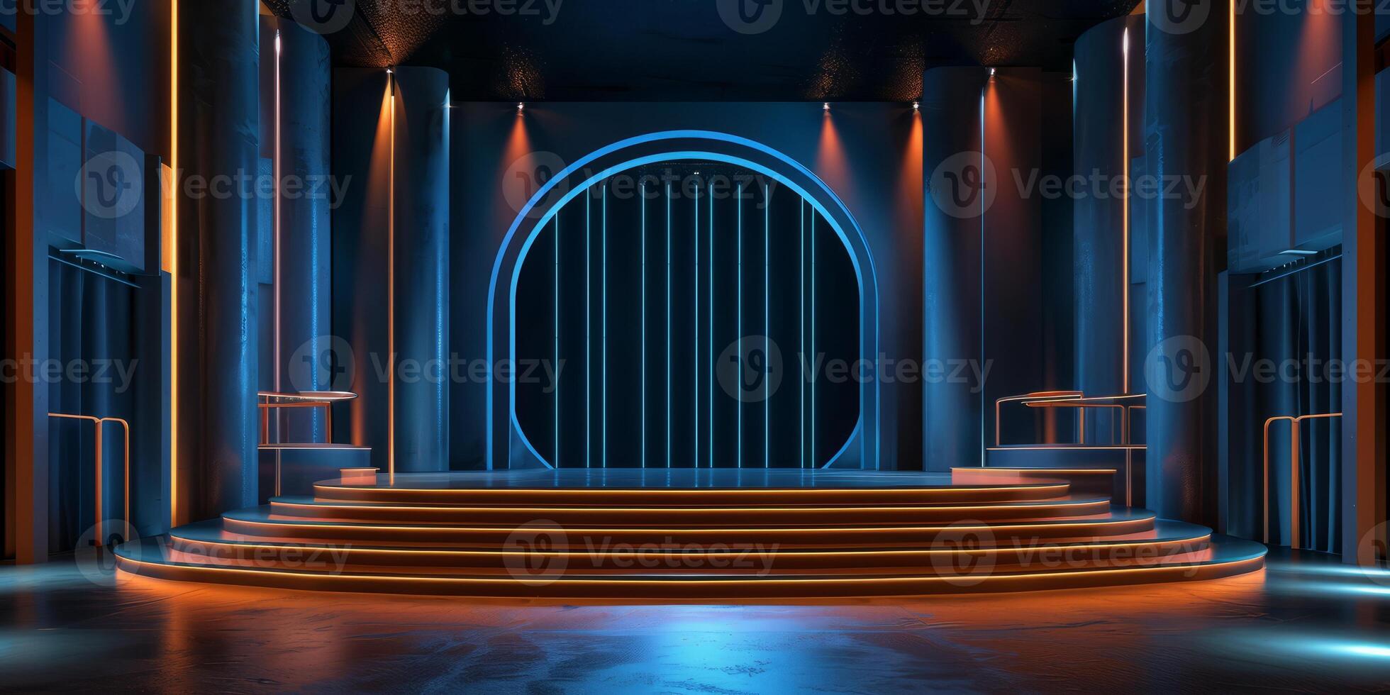 Futuristic Stage with Neon Lighting and Modern Design Elements in a Dark Setting photo