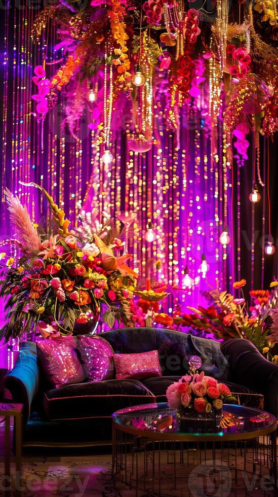A room with a purple wall and a floral arrangement hanging from the ceiling photo