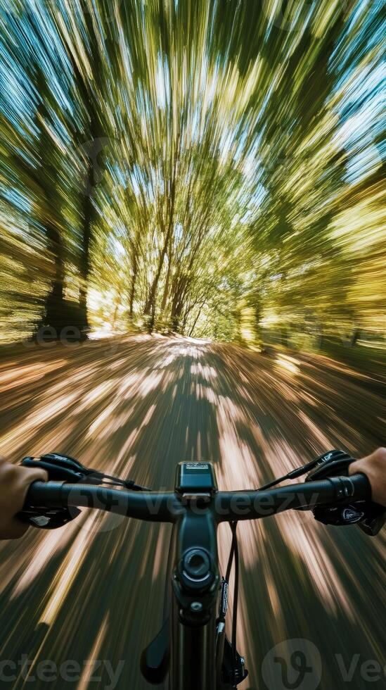 Dynamic POV of Speeding Bicycle Through Lush Forest Path Capturing Motion Blur and Vibrant Greenery photo
