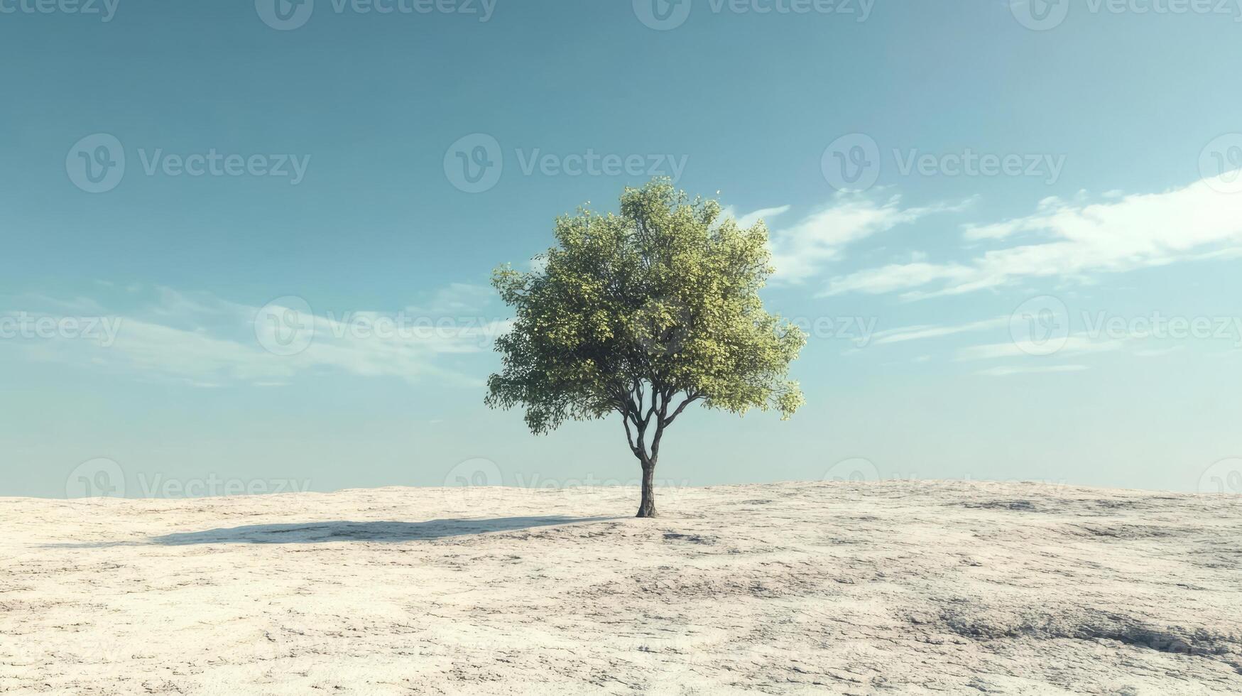 Lone Tree in a Vast Desert Landscape Under a Clear Blue Sky with Wispy Clouds on a Sunny Day photo