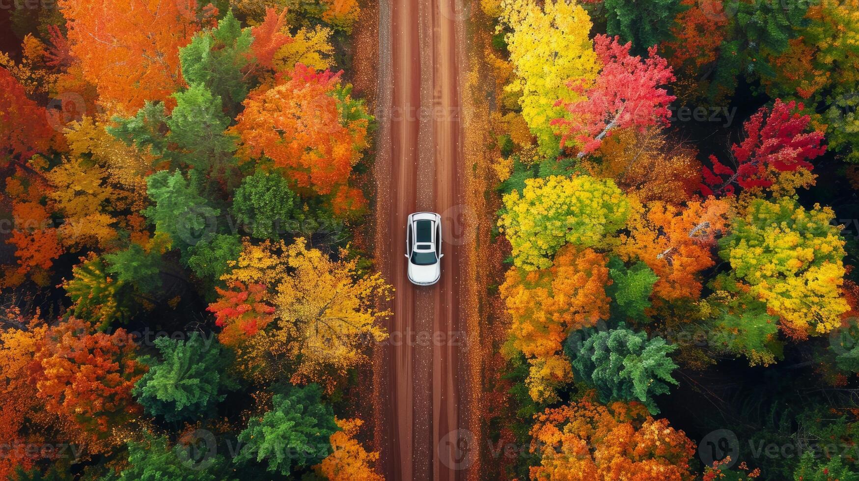 A car is driving down a road surrounded by trees with leaves of different colors photo