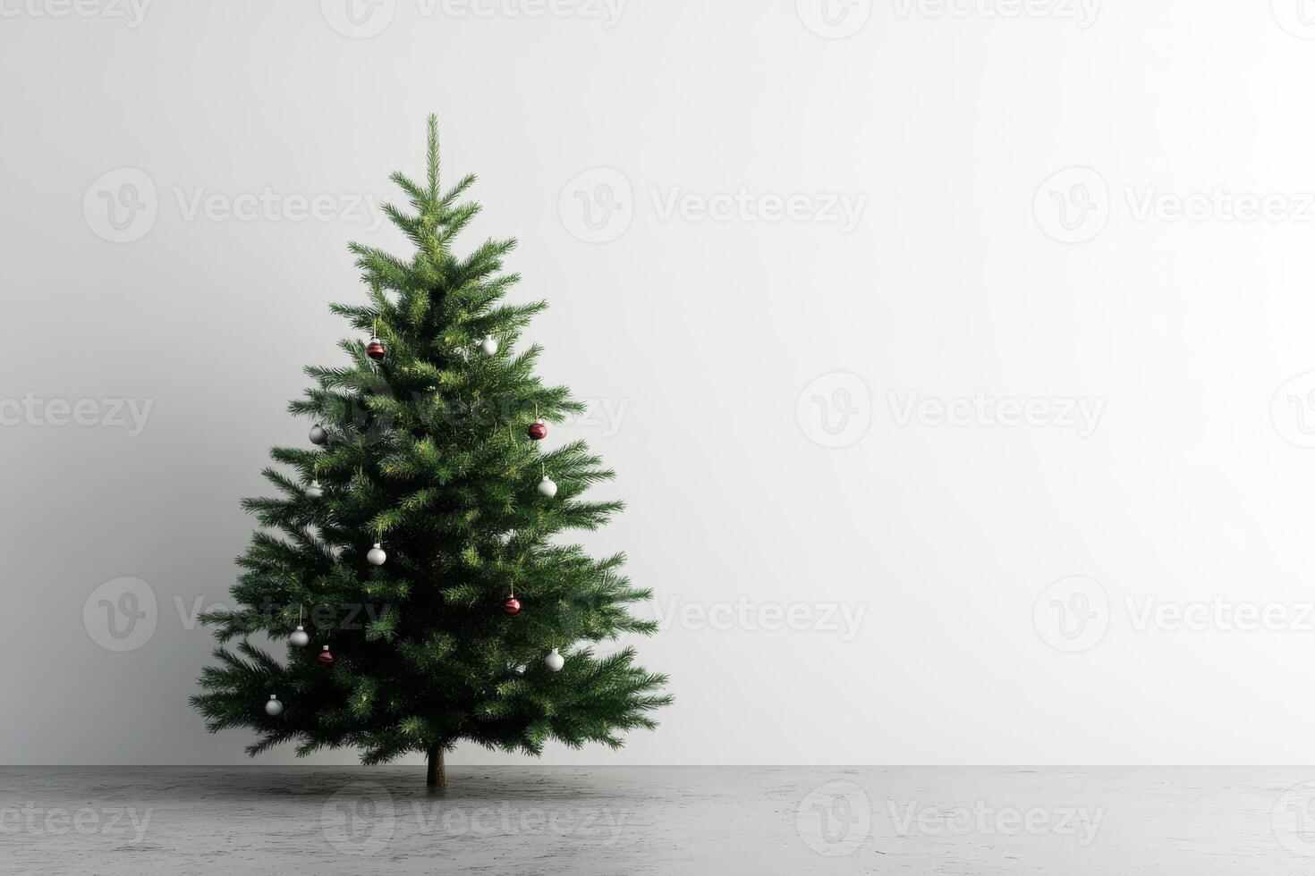 Minimalist Christmas Tree with Ornaments in Modern Interior Setting Against White Background photo
