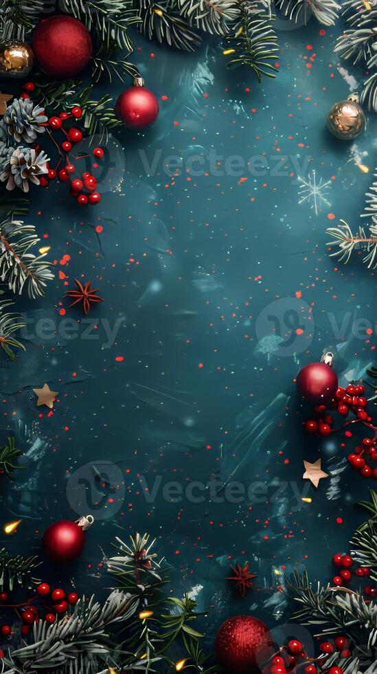 Festive Christmas Background with Red Ornaments and Pine Branches on a Teal Surface with Snowflakes photo