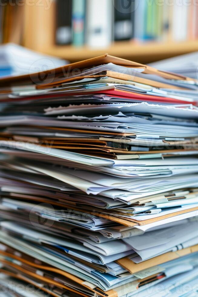 A towering stack of various documents and folders on a desk photo