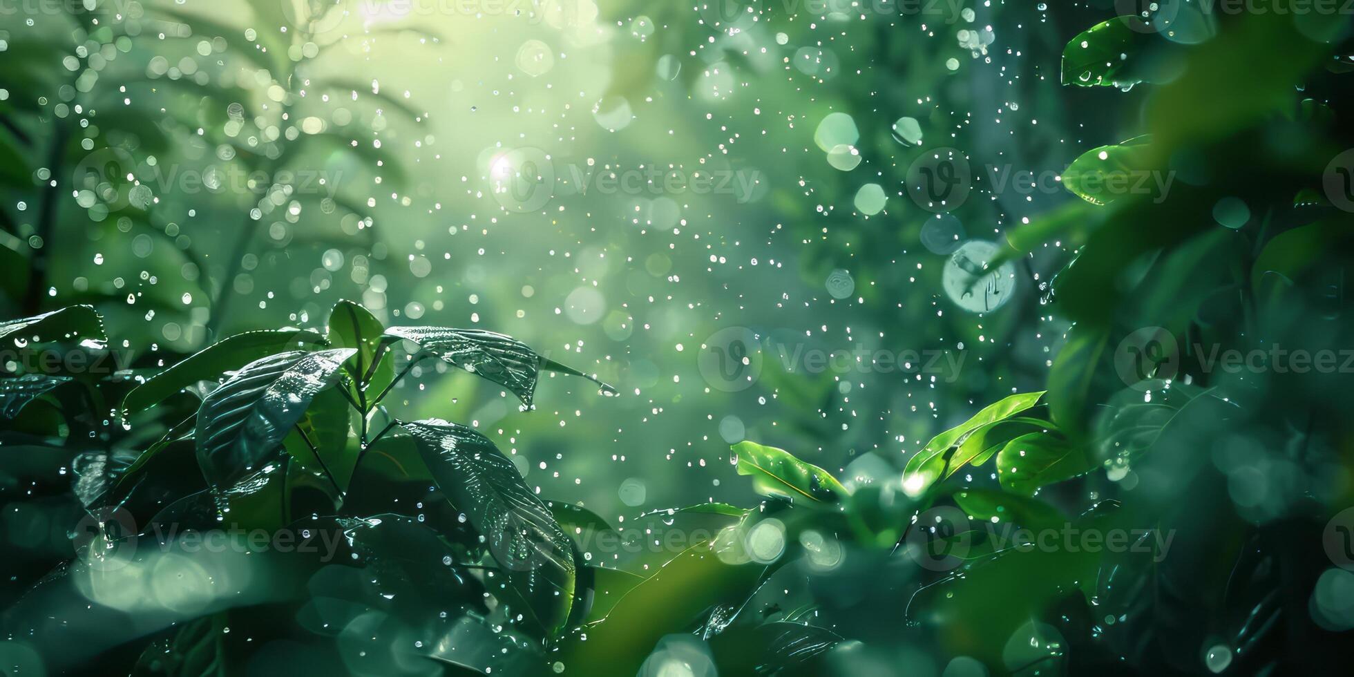 Double exposure image of rainforest and rain drops. photo