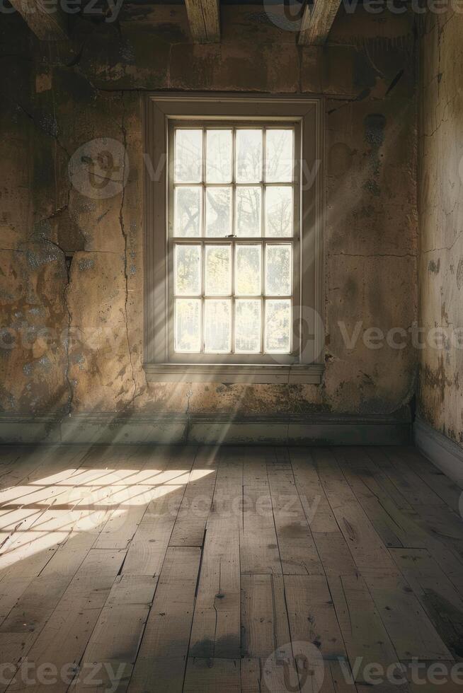 Sunlight Streaming Through Rustic Window in Abandoned Room photo
