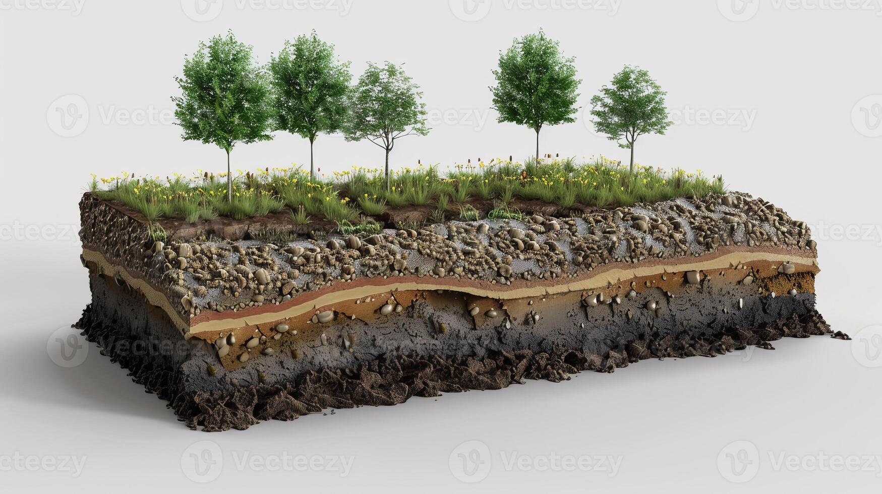 Cross-Section of Soil Layers with Trees and Grass photo