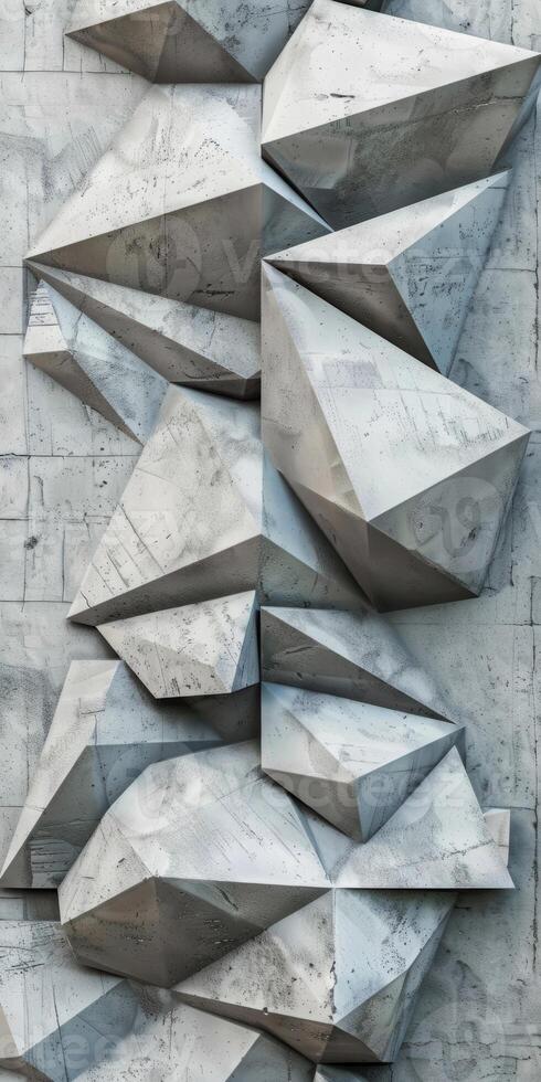Abstract Geometric Metal Sculpture with Angular Shapes on Textured Concrete Wall photo